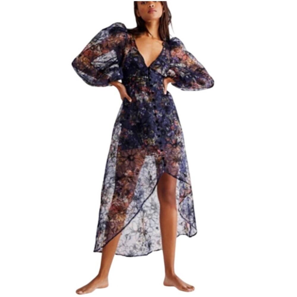 For Love & Lemons Sophia Sheer Puff Sleeve Midi Dress Black Navy Floral XS